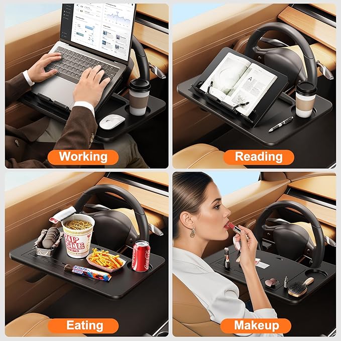 Angle Adjustable Car Steering Wheel Desk,3 in 1 Car Steering Wheel Tray,Car Laptop Mount | Car Reading Stand | Car Food Tray with Drinks Holder, Multipurpose Travel Car Accessories