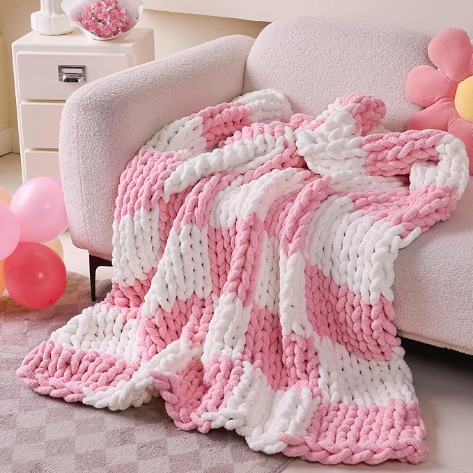 Admitrack Chunky Knit Blanket Throw 51"x63", 100% Hand Knit Chenille Throw Blanket for Sofa & Home Decor, Soft and Cozy Knitt