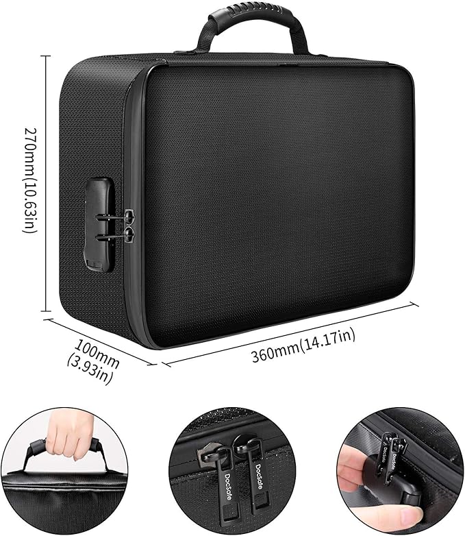 DocSafe Document Bag with Lock,Fireproof 3-Layer File Storage Case with Water-Resistant Zipper,Document Safe Portable Travel 