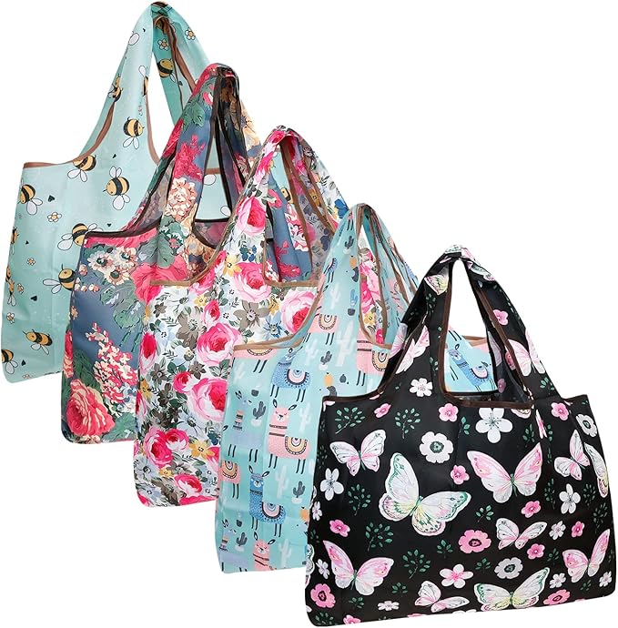 allydrew Large Foldable Tote Nylon Reusable Grocery Bags, 5 Pack