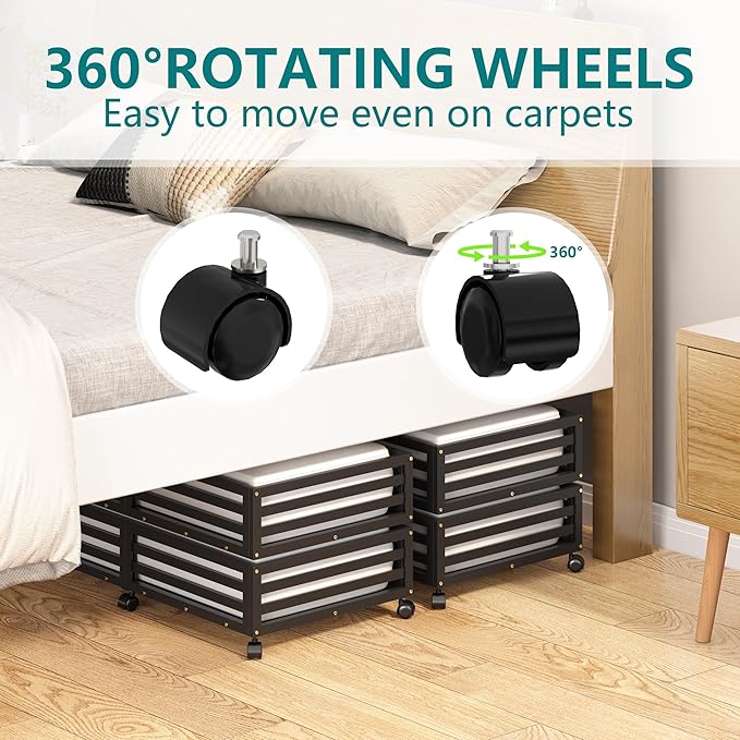Wisuce Bamboo Under Bed Storage Containers- Underbed Organizer with Wheels with Large Dust Bag,Sturdy Wood Rolling Under the 