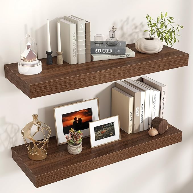 Floating Shelves for Wall, 36" W x 12" D x 2" H, 2 Pack of Long Wall Mounted Engineered Wood Shelves with Invisible Brackets 