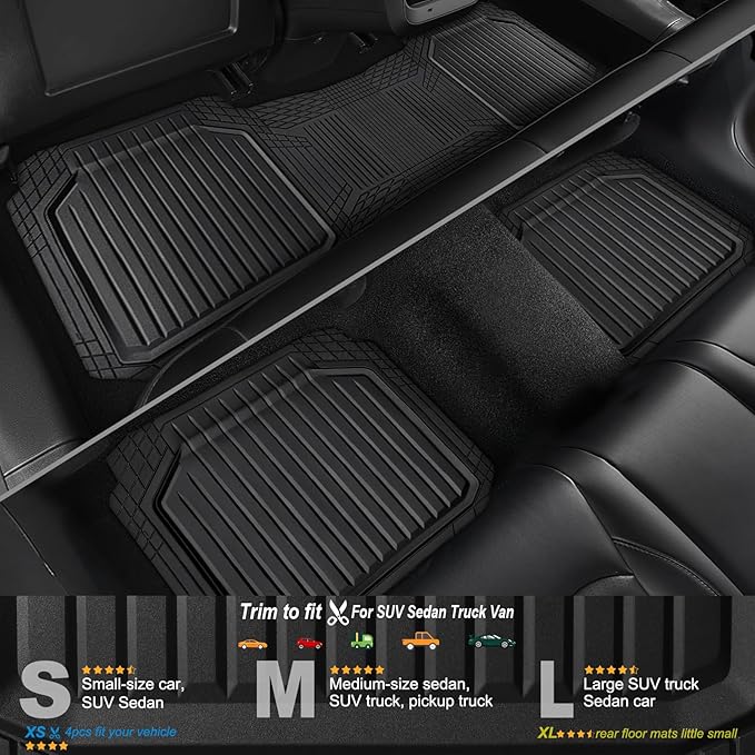 CAR PASS Heavy Duty Rubber Rear Car Mat, Deep Dish Car Floor Mats All Weather, Universal Trim to Fit for SUV Trucks Sedans, Odorless Waterproof Anti-Slip, Easy to Clean Car Mats (Black Rear)