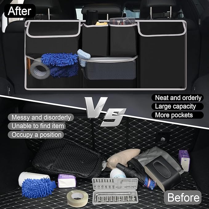 UYYE Trunk Hanging Organizer, Backseat Bag, Car Interior Accessories with 4 Pockets & 2 Mesh Pouches for Groceries, Will