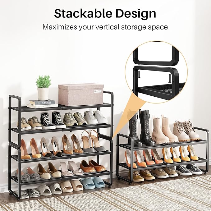 SNTD Shoe Rack - Expandable Shoe Organizer for Closet, Adjustable Metal Shoe Shelf Storage, Stackable Long Shoe Stand Holder 