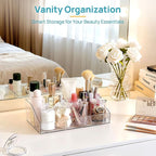 Vtopmart 6 PCS Bathroom Countertop Organizer, 1 Divided Tray with 4 Qtip Holder Jars and 1 Drawers, Restroom Clear Organizers