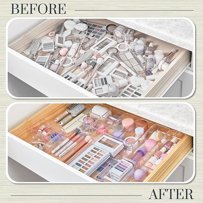 STORi SimpleSort 18-Piece Stackable Clear Drawer Organizer Set | Multi-size Trays | Makeup Vanity Storage Bins and Office Des