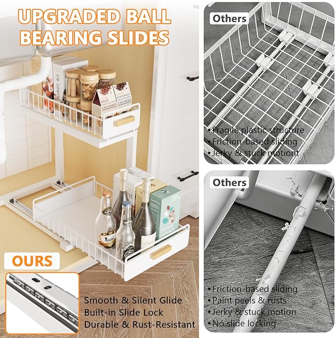 2 Pack Under Sink Organizer with Ball Bearing Sliding Drawer, Heavy Duty Pull Out Cabinet Organizer, 2 Tier Adjustable Storag