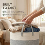 JMvicyroam 115L Extra Large Blanket Basket for Living Room - Woven Cotton Rope Laundry Hamper with Reinforced Handles - Stora