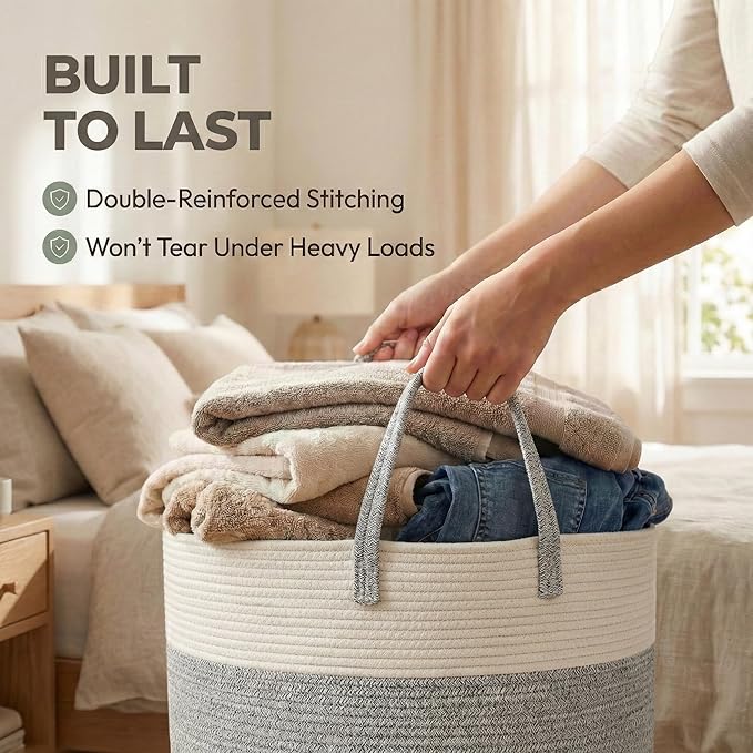 JMvicyroam 65L Extra Large Blanket Basket for Living Room - Woven Cotton Rope Laundry Hamper with Reinforced Handles - Storag