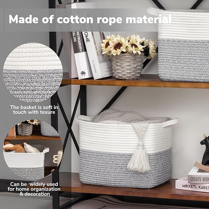 Goodpick Woven Storage Basket, Cotton Rope Baskets for Organizing, Closet Storage Bins with Handles, Small Laundry Basket for