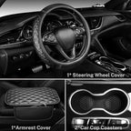 CAR PASS 3D Memory Foam Leather Car Steering Wheel Cover Set, Comfortable Rhombus Leather Center Console Armrest Cushion with Storage Bags Non-Slip 14.5-15in Car Interior Covers Sets, 4 PCS All Black