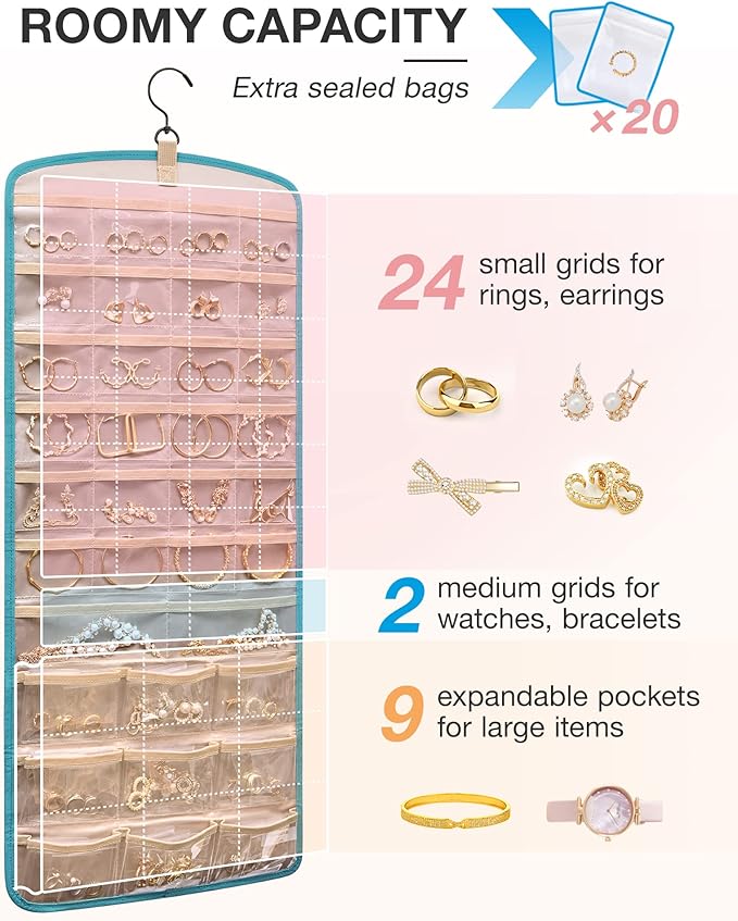 BAGSMART Hanging Jewelry Organizer, Necklace Holder Anti-tangle Earrings Rings Hanger with 20 Jewelry Bags Travel Storage Rol