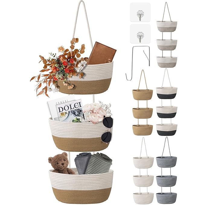 3 Tier Wall Mounted Woven Hanging Basket, Over the Door Hanging Basket with Hooks, Decorative Storage Hanging Closet Removabl