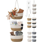 3 Tier Wall Mounted Woven Hanging Basket, Over the Door Hanging Basket with Hooks, Decorative Storage Hanging Closet Removabl