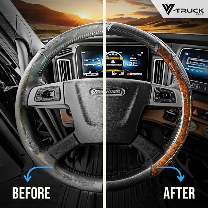 18-Inch Genuine Leather Steering Wheel Cover for Semi Trucks – Wood Grain Imitation Finish, Heavy-Duty Non-Slip Grip, Durable and Comfortable Interior Upgrade
