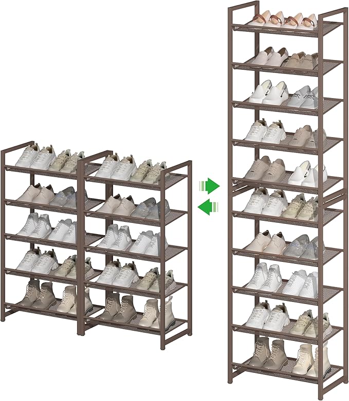 10 Tier Shoe Rack, Tall Metal Shoe Storage with Adjustable Shelves, Holds 20-25 Pairs, Stackable Shoe Stand for Garage Hallwa