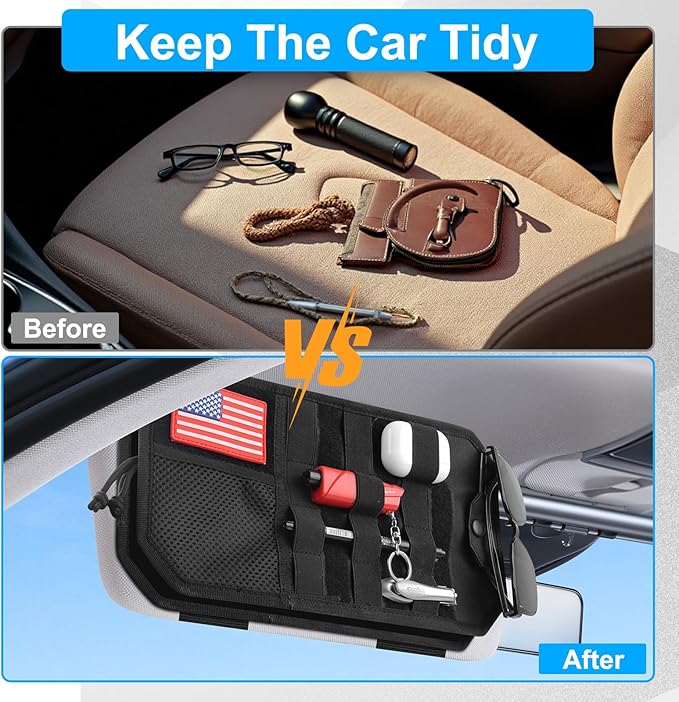 Car Sun Visor Organizer with American Flag, Multi-Pocket Car Visor Storage Pouch with Glasses Clip, Elastic Bands & Zippers, Visor Accessories Fits Most Vehicles, SUVs, Trucks, Red