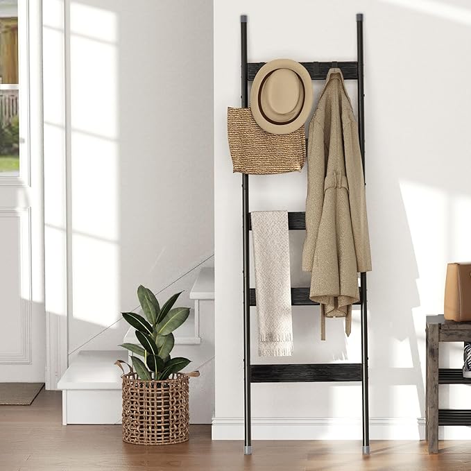 Blanket Ladder, 5-Tier Towel Holder with 4 Removable Hooks, Farmhouse Wall Leaning Decorative Rack Shelf, Wooden Towel Displa
