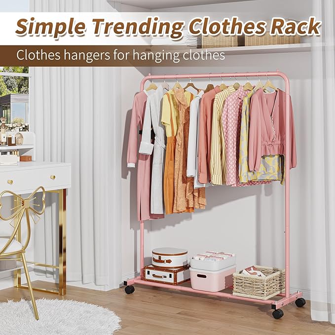 Simple Trending Standard Clothes Clothing Garment Rack with Storage Shelves, Rolling Clothes Organizer on Wheels for Hanging 