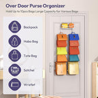 SWTYMIKI Over The Door Purse Organizer - Wall Mounted Purse Rack with 10 Hooks and Metal Basket, Handbag Hanger Organizer Hol