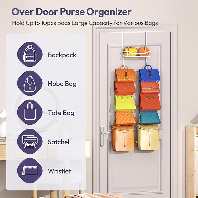 SWTYMIKI Over The Door Purse Organizer - Wall Mounted Purse Rack with 10 Hooks and Metal Basket, Handbag Hanger Organizer Hol