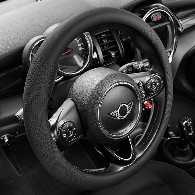 PINCTROT Large Size Nappa Leather Steering Wheel Cover, Slim Fit No Bulk Design, One Piece Leather with Breathable Perforatio