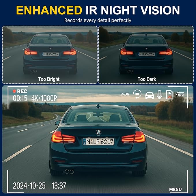 4K Dash Cam Front and Rear Inside,3.16" IPS,3 Channel Dash Cam for Car with 5G WiFi,Free 64GB Card,170° Wide Angle,Loop Recor