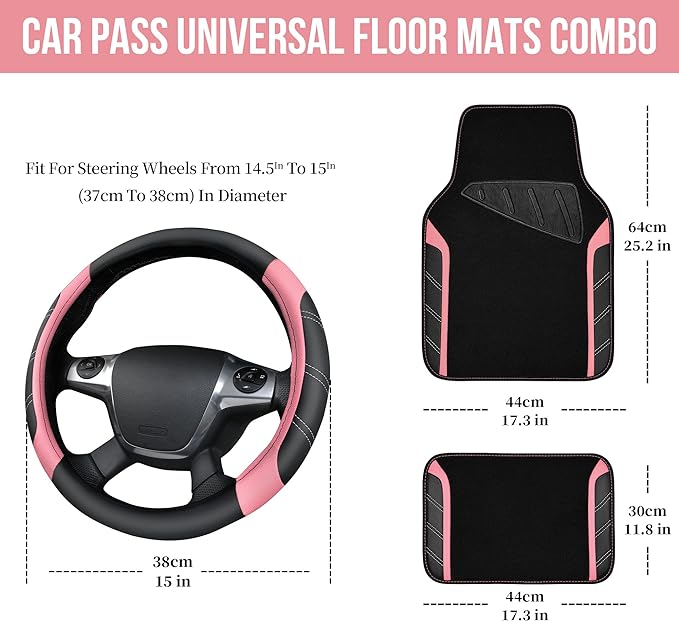 CAR PASS Microfiber Steering Wheel Cover and Waterproof Car Floor Mats,Leather Universal Car Combo Fit for 95% Truck,SUV,Cars