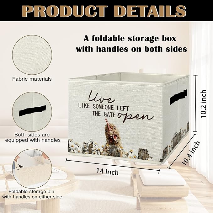 Rustic Chicken Storage Bins & Boxes with Handles, Farmhouse Chicken Foldable Basket for Organizing, Live Like Someone Left th