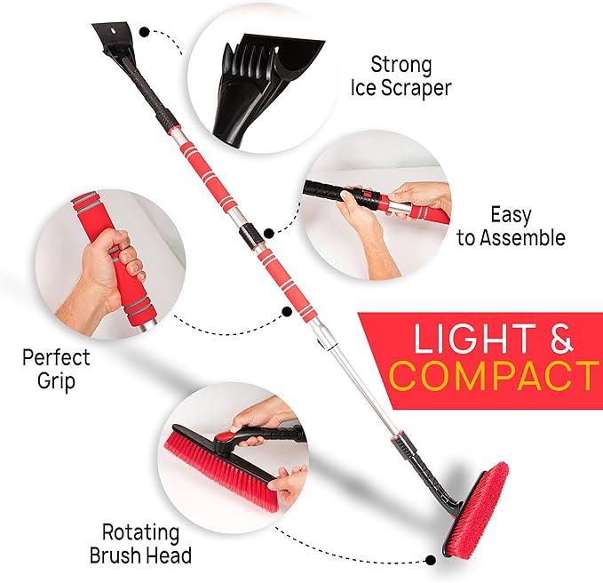 VaygWay Ice Scraper and Extendable Snow Brush for Car Windshield- Adjustable Length Foam Grip 360° Pivoting Brush Head for Snow, 2 in 1 Sturdy Winter Ice and Snow Remover for Car, Truck, Van