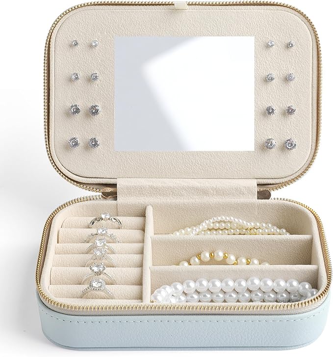 Genuine Leather Travel Jewelry Organizer Case with Mirror for Women, Small Mini Portable Jewelry Box for Ring Earrings Neckla