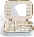 Genuine Leather Travel Jewelry Organizer Case with Mirror for Women, Small Mini Portable Jewelry Box for Ring Earrings Neckla