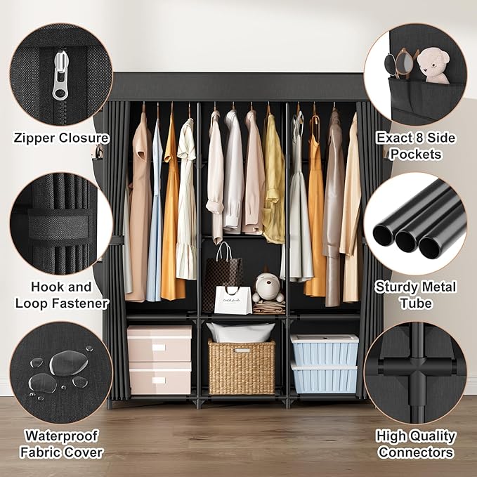 Wardrobe Closet Portable Closets for Hanging Clothes Large Capacity Clothes Rack with Cover, 3 Hanging Rods, 6 Shelves and 8 