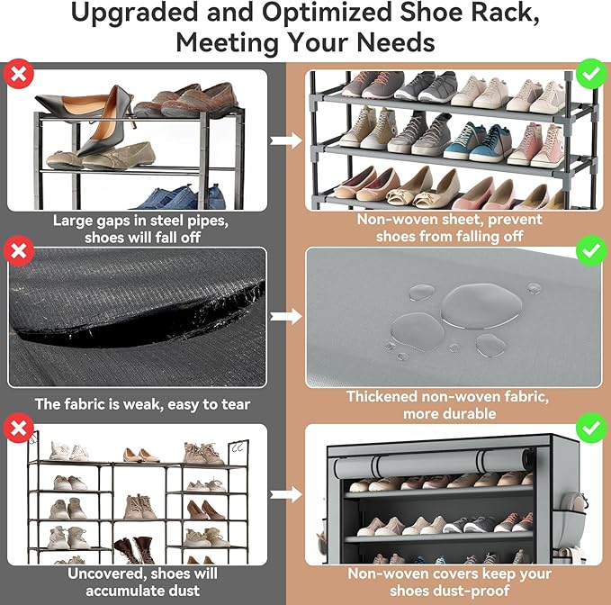 LANTEFUL Shoe Rack with Covers 10 Tier Tall Shoe Rack Organizer Large Capacity Shoe Shelf Storage 40 Pairs Space Saving Free 