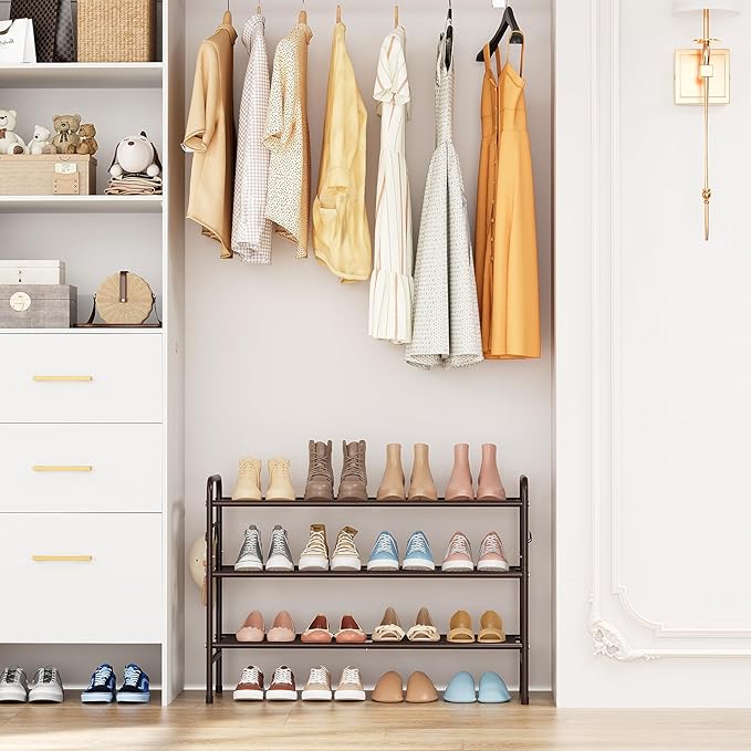 VILICK 3 Tier Shoe Rack 33" Wide Metal Shoe Organizer Long Shoe Storage with 4 Side Hooks Sturdy Shoes Shelf for Front Door E