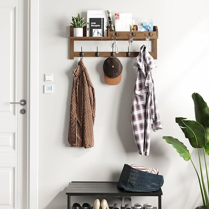 AMBIRD Wall Hooks with Shelf, 26.57 Inch Entryway Wood Coat Hooks for Wall with Shelf, Coat Rack Wall Mount with 5 Dual Hooks