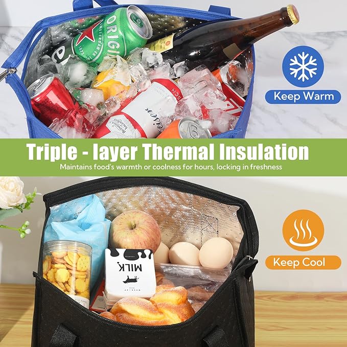 20 Pcs Insulated Shopping Bags for Groceries with Zipper & Handles, Large Foldable Cooler Bags for Hot & Cold Food