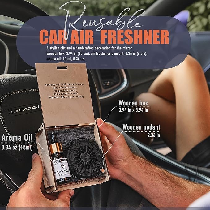 Handmade Wood Car Air Freshener — Best Wheels Designed Refillable Essential Oil Diffuser — Long Lasting Ocean Breeze Fragranc