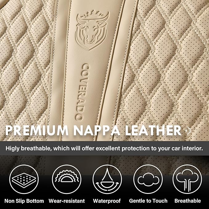 Coverado Car Seat Covers Full Set, Nappa Leather Seat Covers for Car, Waterproof Car Seat Protector with Lumbar Support, Auto