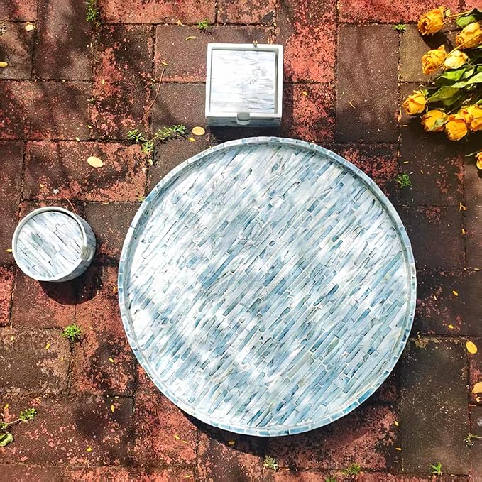 i-lan 17-inch Mother of Pearl Lazy Susan – Blue Brick Pattern Rotating Turntable with Smooth Spin, Large Decorative Tray for 