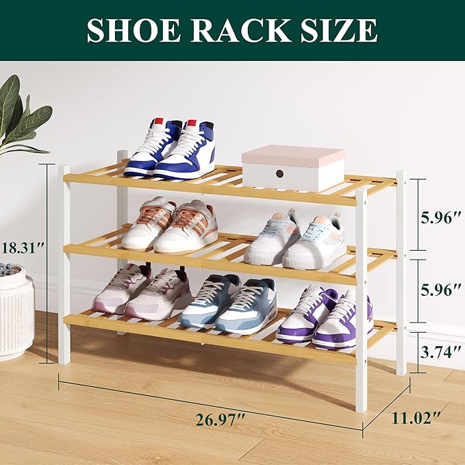 Smiry Bamboo Shoe Rack for Closet, 3 Tier Wooden Stackable Shoe Organizer, Free Standing Shoes Storage Shelf for Entryway, Fr