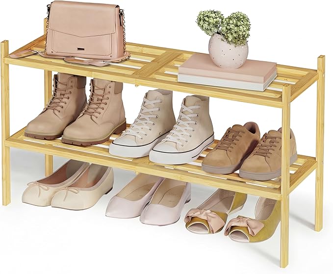 SONGMICS Bamboo Shoe Rack for Closet, Stackable Shoe Oragnizer with Modular Structure, Space-Saving Free Standing Shelf for E