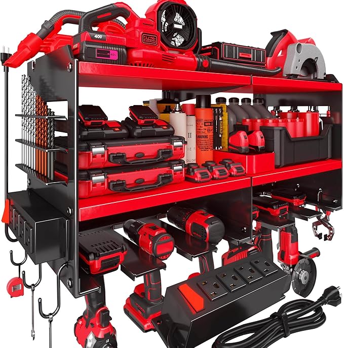 Spampur Heavy Duty Power Tool Organizer Wall Mount with Charging Station – 420 lb Capacity 3-Tier Storage Rack Holds 6 Drills