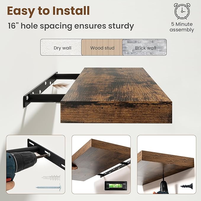 24 Inch Floating Shelves for Wall, 8 Inch Deep Floating Shelf for Storage & Display, Wall Mounted Shelf with Invisible Bracke