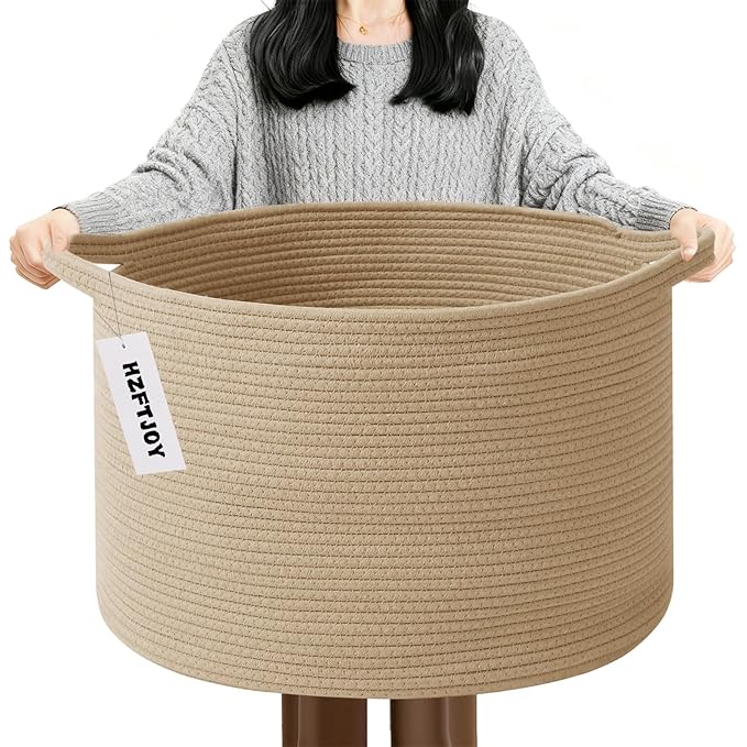 90L Large Blanket Basket, 21.7"x 21.7"x 13.8" Rope Woven Storage Basket with Handles, Laundry Hamper for Toys, Clothes, Pillo