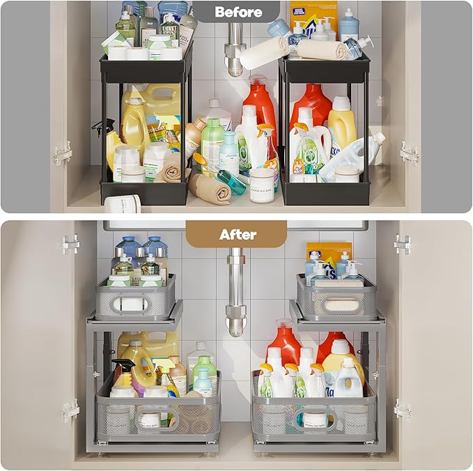 2 Pack 15.5IN-Depth Under Sink Organizer With Next-Gen Ball-Bearing Slides,2-Tier Precision Mesh Pull Out Cabinet Storage for