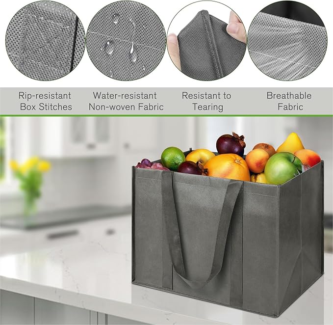 LadyRosian Reusable Grocery Bags Extra Large Foldable Shopping Bags 10 Pack Heavy Duty Kitchen Tote Bags with Handle Can Hold 45+lbs, Stands Upright, Foldable & Washable (Grey)