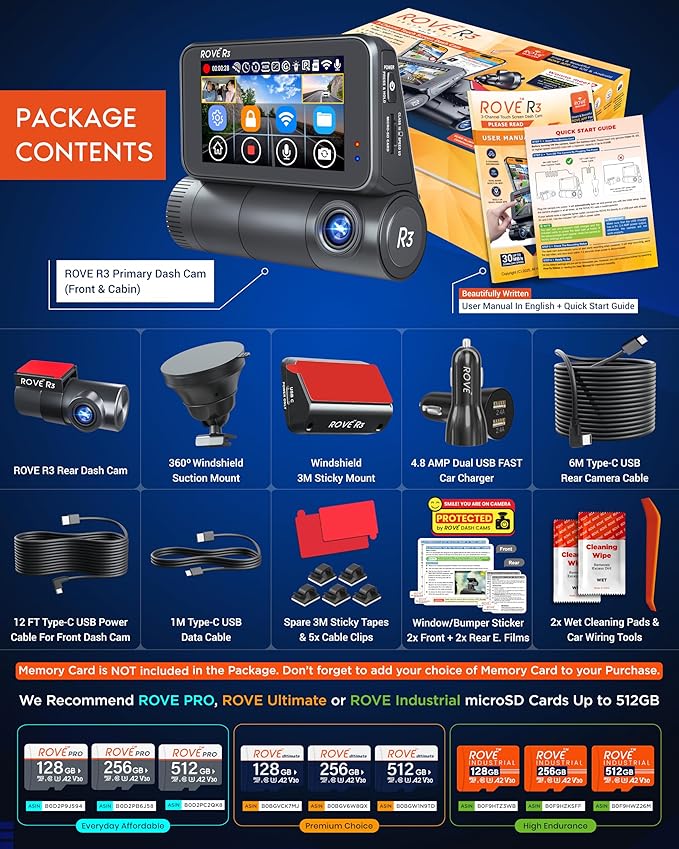 ROVE R3 Dash Cam Front and Rear with Cabin, 3” IPS Touch Screen, 3 Channel Dash Cam 1440P+1080P+1080P, IR Night Vision, 5GHz 