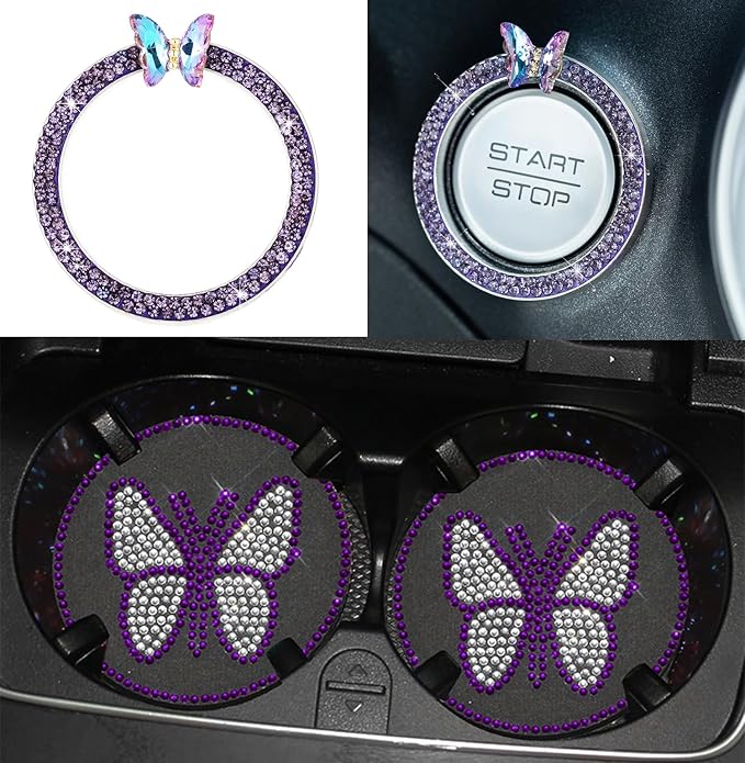 Dotesy 16 Pcs Bling Car Steering Wheel Cover Set with Crystal Seatbelt Shoulder Pads Diamond Butterfly Car Accessories for Women (Purple)